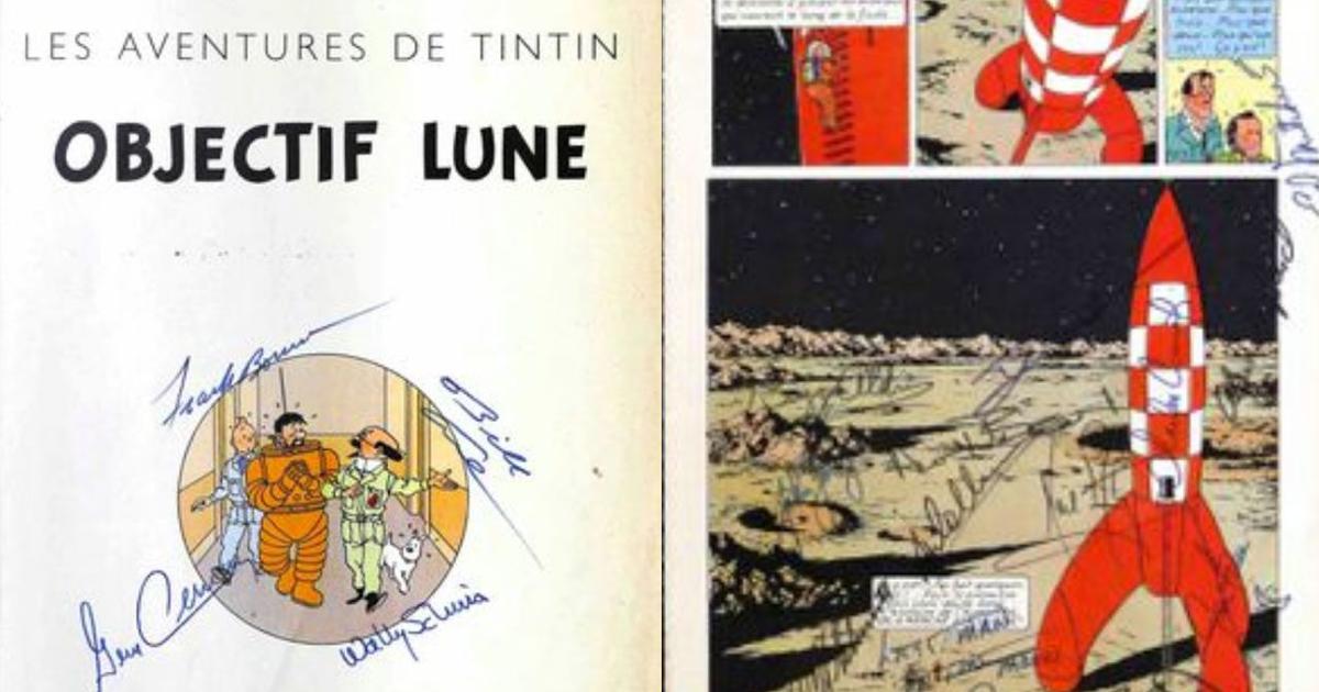 Tintin planche de "On a marché sur la Lune" signé des astronautes des Appollo 