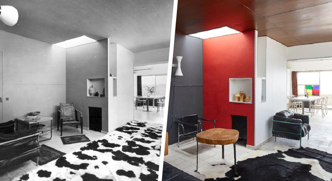 À gauche, le salon dans les années 60; à droite, le même salon après la restauration