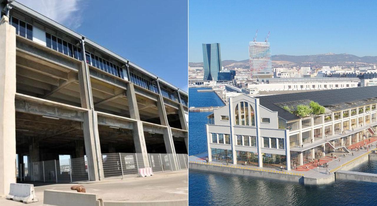 À gauche, le hangar portuaire aujourd’hui. À droite, le projet de réhabilitation (au fond les tours La Marseillaise et CMA-CGM).