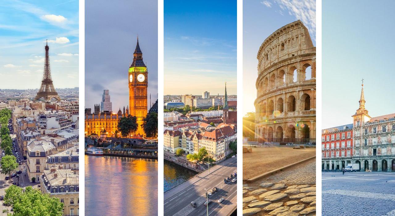 De gauche à droite: Paris, Londres, Berlin, Rome et Madrid