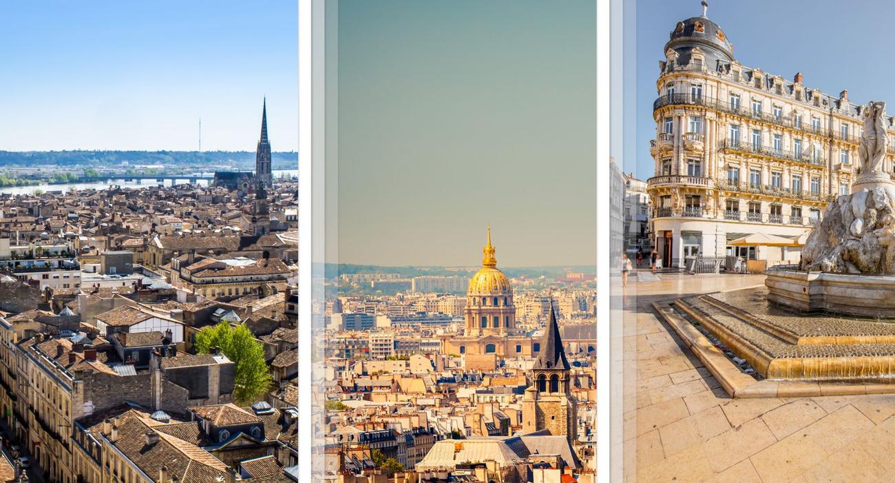 Pour ce palmarès des services offerts aux familles, le trio de tête est constitué de métropoles <i>(de gauche à droite)</i>: Bordeaux, Paris et Montpellier.