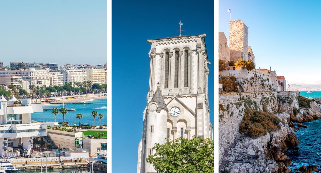 De gauche à droite: la baie de Cannes (n°1) avec le palais des Festivals, le clocher de l’église Notre-Dame de Challans (n°2) et la vieille ville d’Antibes (n°3).