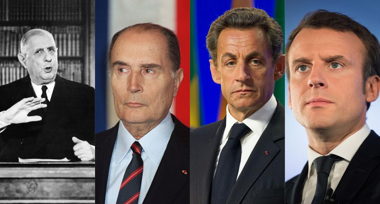 De gauche à droite: Charles de Gaulle, François Mitterrand, Nicolas Sarkozy, Emmanuel Macron