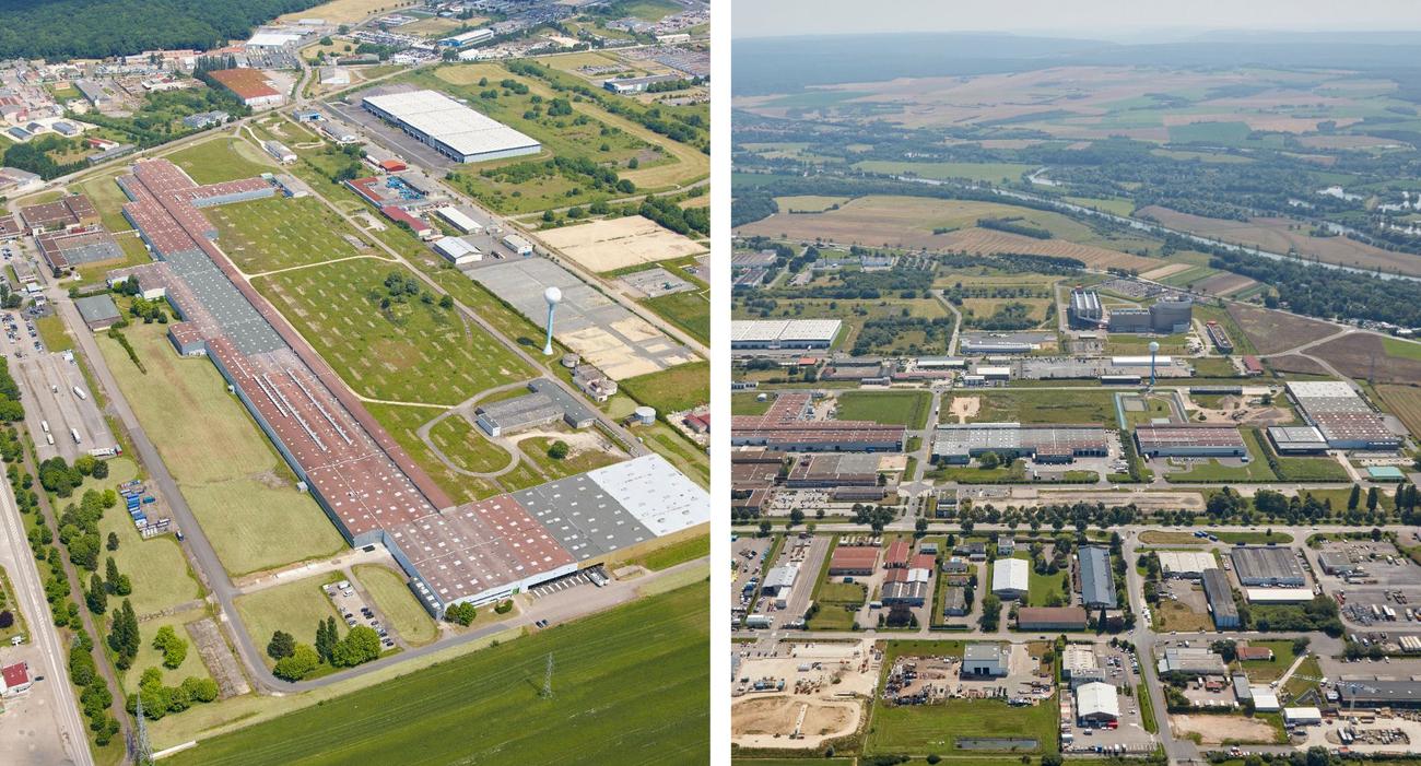 Avant / Après: L’espace K en friche en 2015, lors de la fermeture de l’usine de pneus Kleber en Lorraine et l’espace K en 2021 après sa réhabilitation.