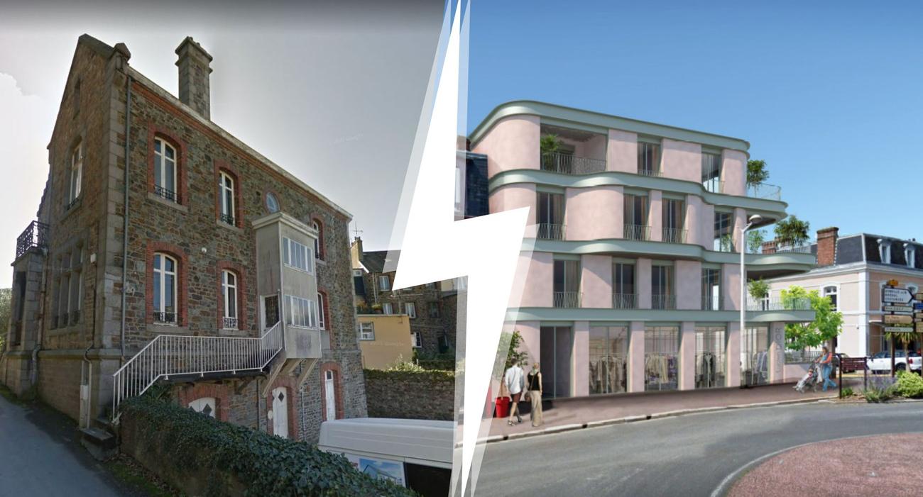 À gauche, l’actuelle maison Lucien Dior à Granville (50); à droite, le futur immeuble qui fait polémique qui sera construit à proximité de la maison Dior.