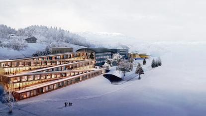Le futur hôtel des Horlogers d’Audemars Piguet au bord du lac de Joux, en Suisse, compte une piste de ski sur son toit.