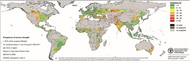 Fréquence des sécheresses sévères dans les régions céréalières du globe sur la période 1984-2011.