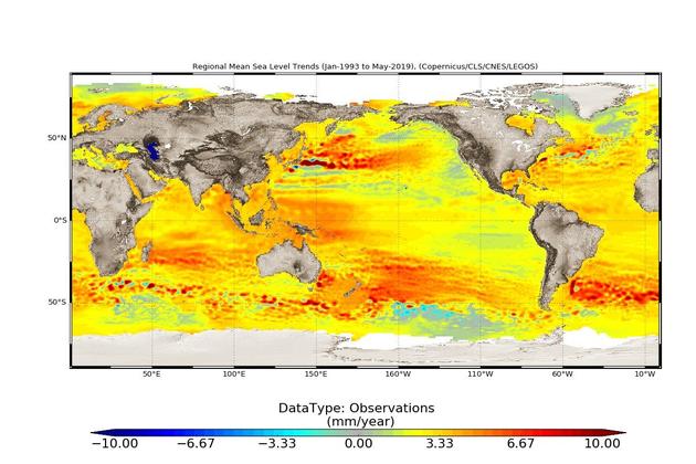 Élévation du niveau des mers, en millimètre par an entre 1993 et 2019.