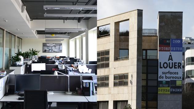 La multiplication d’immeubles de bureaux vides en périphérie de Paris (comme, ci-dessous, à gauche, à Rueil-Malmaison dans les Hauts-de-Seine), incite les opérateurs à leur trouver de nouveaux usages.