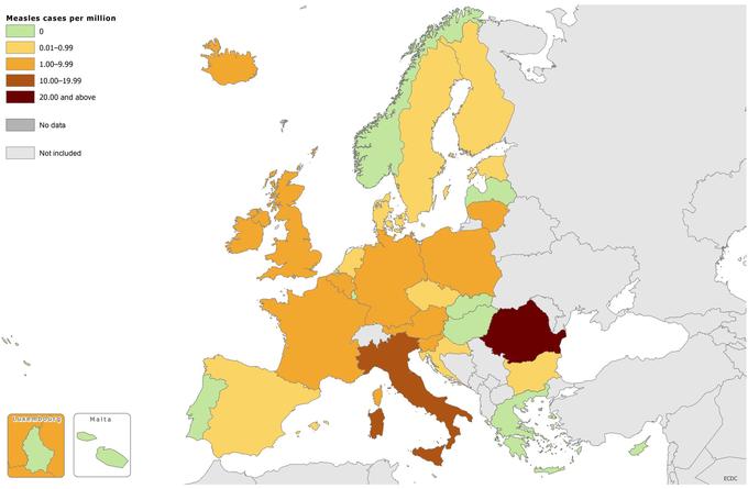 Taux de notification de cas de rougeoles de février 2016 à janvier 2017. Source: european center for disease prevention and control