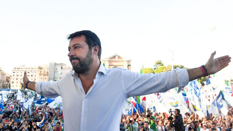 Le chef de la Ligue, Matteo Salvini, durant le rassemblement du samedi 19 octobre à Rome, en Italie.