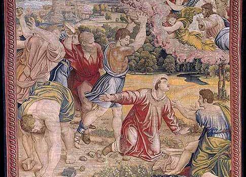 L’une des tapisseries de Raphaël dépeint la «Lapidation de saint Étienne», scène des Actes des Apôtres.
