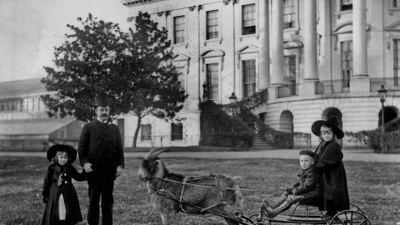 Dans les années 1890, le fils de Benjamin Harrison, Russell surveille les petits-enfants du président devant la Maison-Blanche.