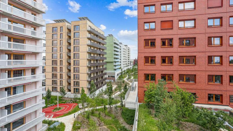 Vue des logements commercialisés par Icade dans le quartier des Quinconces à Saint-Ouen, qui ont accueilli des athlètes olympiques.