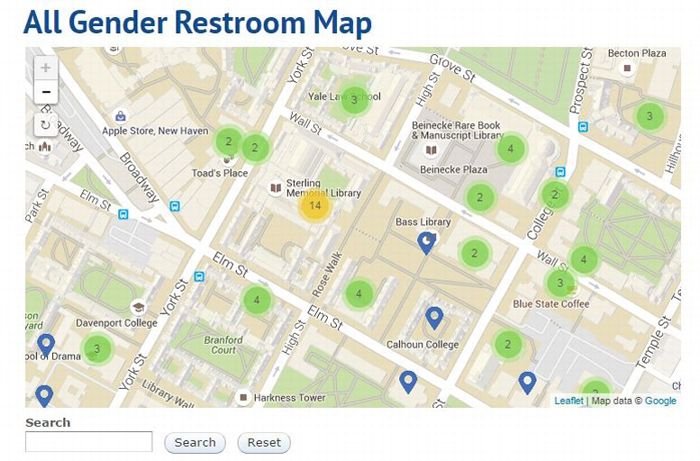 La carte interactive des toilettes sans discrimination de genre. ©Yale University