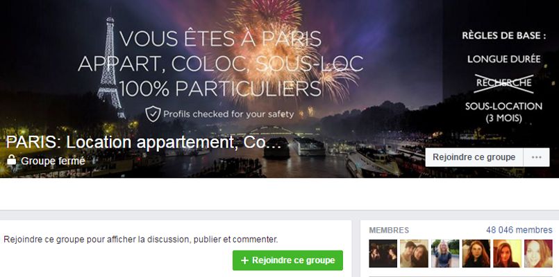 Le groupe Paris Location appartement, Colocation, Sous-location rassemble près de 50 000 membres.