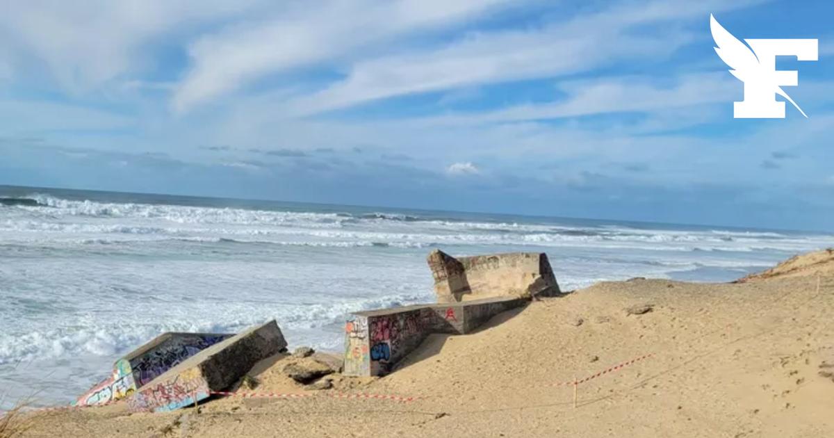 Sur une plage de Lège-Cap-Ferret, un blockhaus de la Seconde Guerre mondiale s'effondre