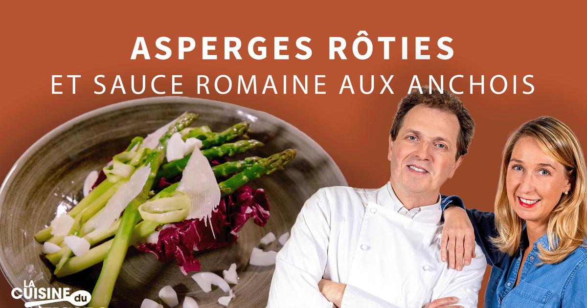 La recette d'Asperges rôties sous leur peau et sauce romaine aux anchois