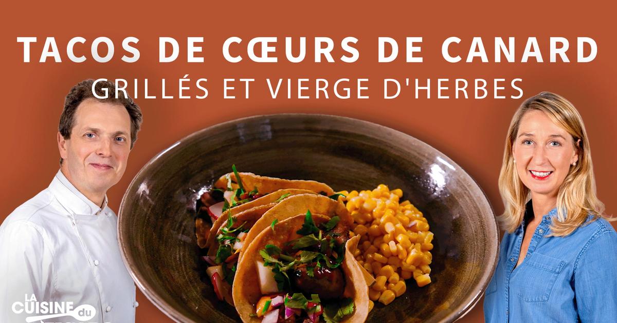La recette de tacos de cœurs de canard grillés et vierge d'herbes