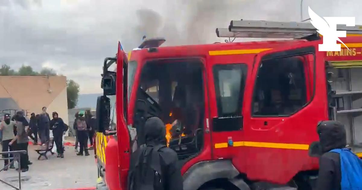 Blocus des lycées : les images du camion du bataillon des marins-pompiers de Marseille pillé et incendié par des jeunes