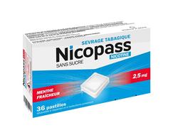 Nicopass menthe fraicheur 2,5 mg sans sucre, pastille édulcorée à l'aspartam et à l'acésulfame potassique, boîte de 36