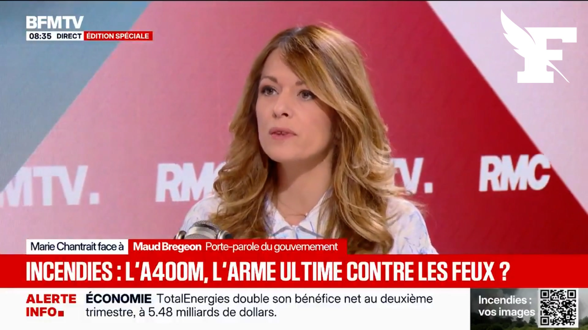 Incendies : l'avion militaire A400M sera déployé «d'ici fin juillet», annonce Maud Bregeon