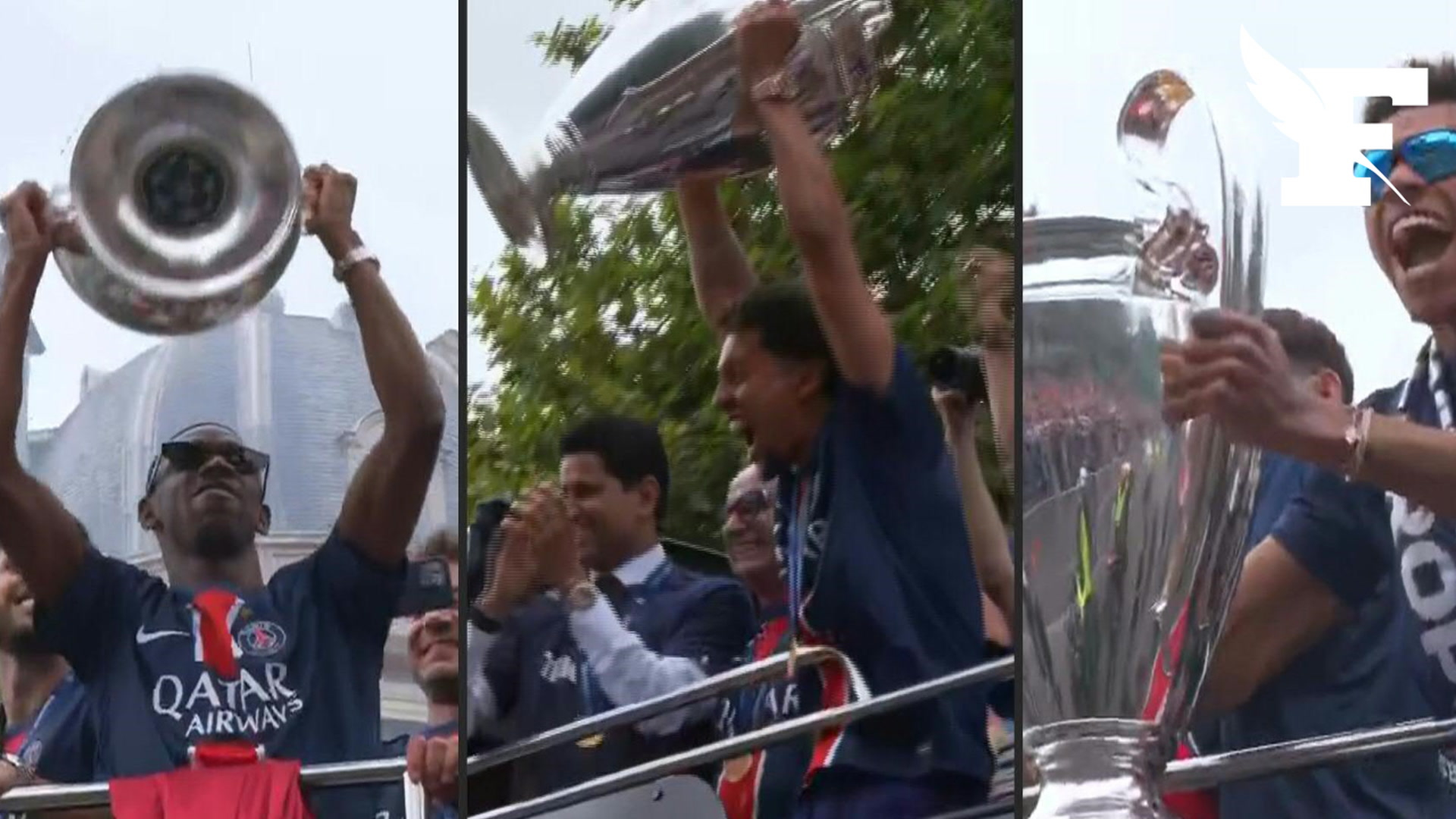Victoire du PSG: Dembélé, Doué, Marquinhos...Les joueurs soulèvent le trophée face aux supporters aux Champs-Élysées