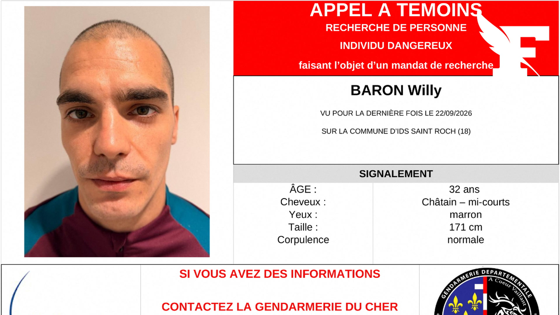 Cher : les gendarmes lancent un appel à témoins lancé pour retrouver le suspect d’un féminicide