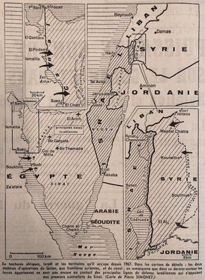 Guerre du Kippour: carte parue dans Le Figaro du 8 octobre 1973. En hachures obliques Israël et les territoires qu'il occupe depuis 1967. Dans les cartons de détails: les deux théâtres d'opérations du Golan, aux frontières syriennes, et au canal de Suez.