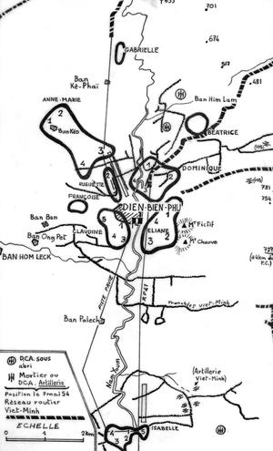 Guerre d'Indochine: carte indiquant les positions françaises et Viêt-minh lors l'assaut final de la bataille de Diên Biên Phu le 7 mai 1954.