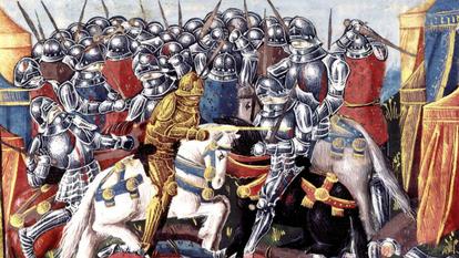 La Bataille de Poitiers (732), enluminure tirée des Grandes chroniques de France, vers 1450-1475 (Paris, Bibliothèque nationales de France).