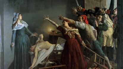 «L'assassinat de Marat» peint en 1880 par Jean Joseph Weerts. Il figure Charlotte Corday un couteau à la main après avoir poignardé le journaliste et révolutionnaire Jean-Paul Marat, à son domicile parisien le 13 juillet 1793.