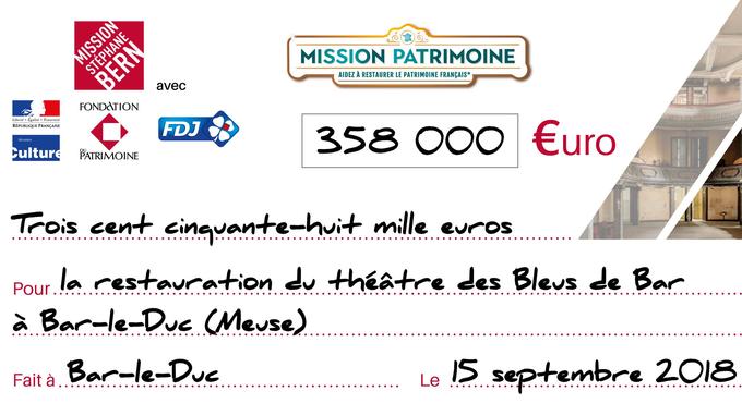Prototype of the check that the theater of the Blues of Bar-le-Duc (Maas) could receive thanks to the scratch games of Mission Heritage.