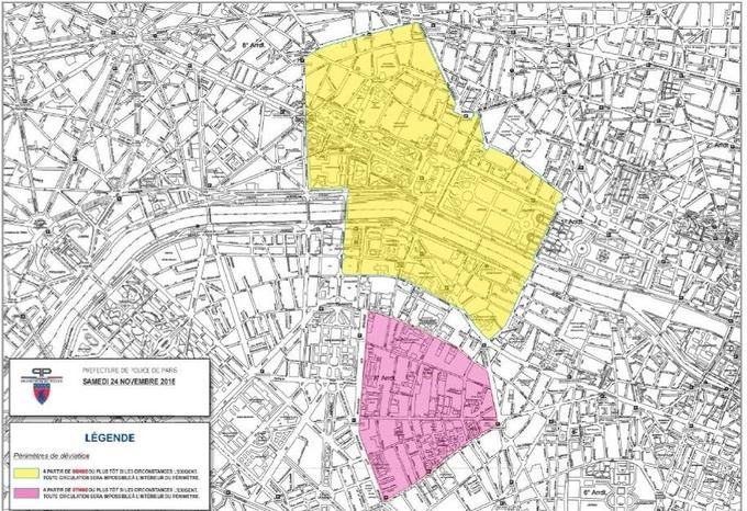 In yellow, the traffic restrictions planned last Saturday by the police headquarters as part of the demonstration of "yellow vests".