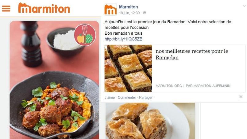 Message Facebook posté par le site Marmiton.org jeudi et capture d'écran d'une page du site Internet. Montage réalisé par Le Figaro.fr.