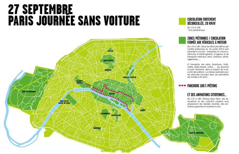 Les zones sans voiture sont en vert foncé (Créidts: Mairie de Paris).