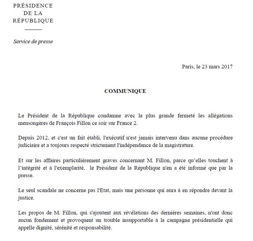Communiqué de la présidence de la République après les propos de François Fillon.