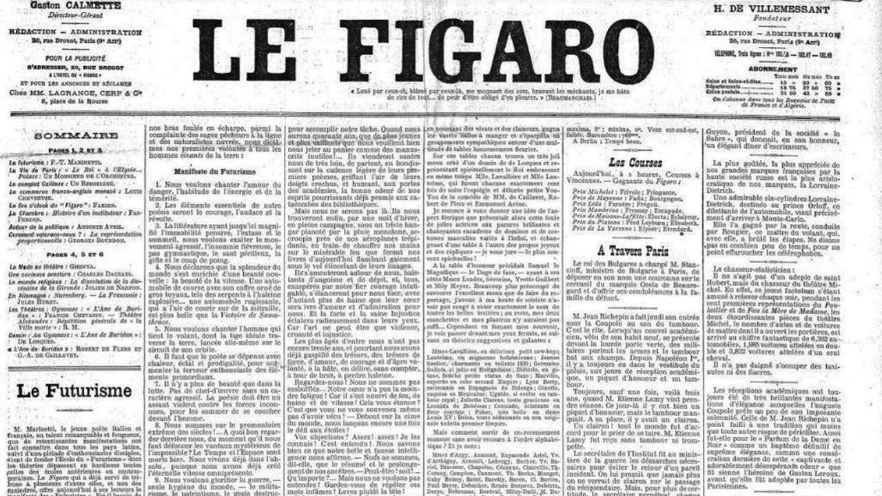 Le Figaro publie en Une le manifeste du Futurisme le 20 février 1909