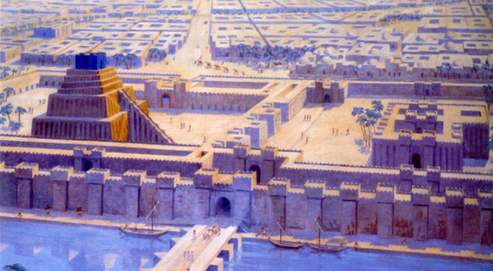 Vue imaginaire de Babylone de Maurice Bardin (1936) à partir de ce qu'en savaient les archéologues de l'époque (Chicago, Oriental Institute Museum / Musée du Louvre Editions).