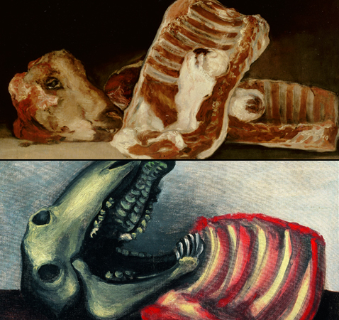 Nature morte à la tête de mouton, Francisco de Goya et Nature morte au crâne de mouton, Pablo Picasso (détails)