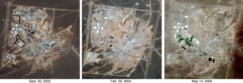 Le site de Natanz, dont ces photos satellite permettent de mesurer la progression entre 2002 et 2009, pourrait être l'une des cibles privilégiées en cas de frappe.