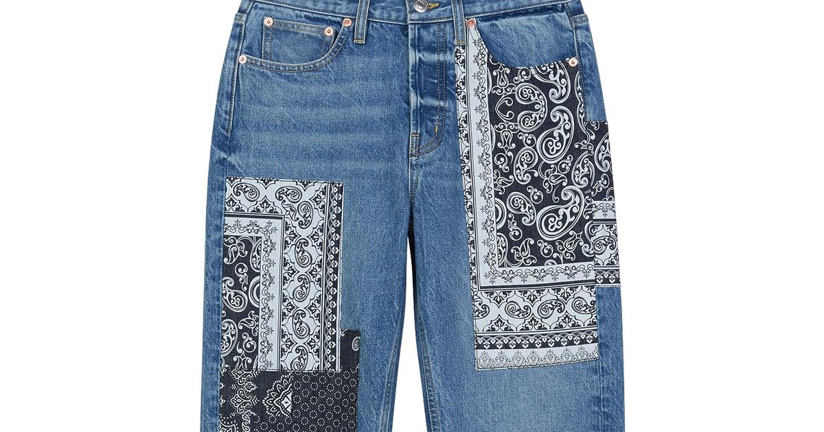 Pantalon large en denim patchwork asymétrique froissé au design original, printemps main image 1