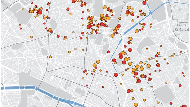 Les immeubles présentant un risque de dégradation sont surtout présents dans le nord-est parisien. Capture d’écran @ Apur.