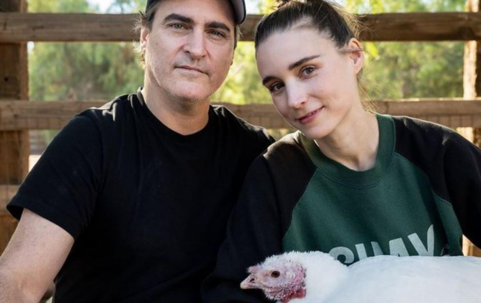 Rooney Mara Et Son Fils En photo avec une dinde dans les bras, Rooney Mara et Joaquin Phoenix  appellent à les adopter plutôt que de les manger